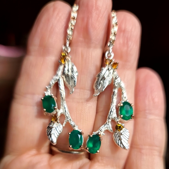 Green Onyx & Citrine Sterling & Gold branch earrings - Picture 4 of 5